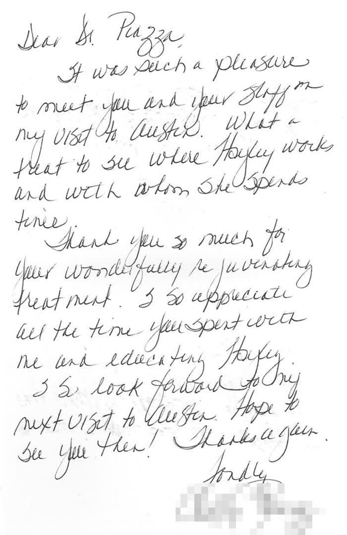Thank-you note from a Piazza Center patient