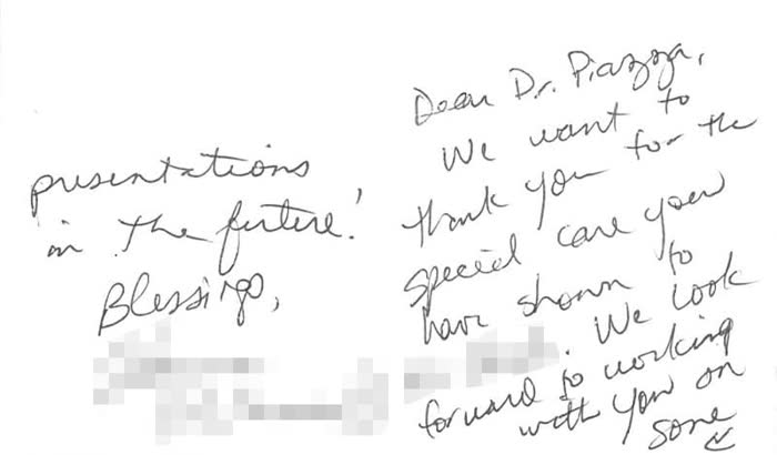 Thank-you note from a Piazza Center patient