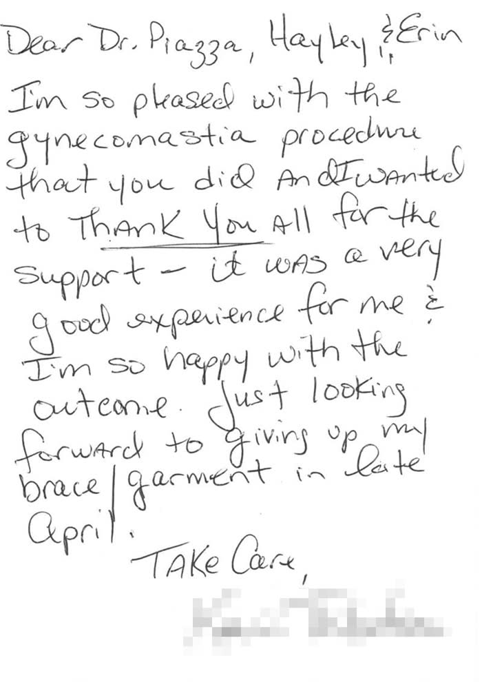 Thank-you note from a Piazza Center patient
