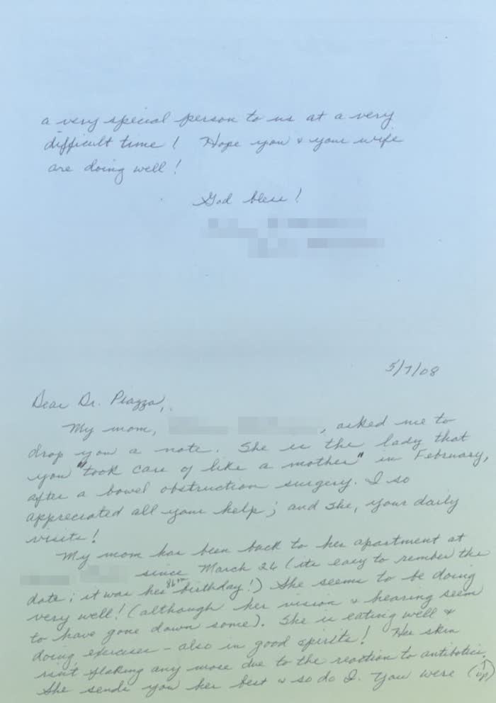 Thank-you note from a Piazza Center patient