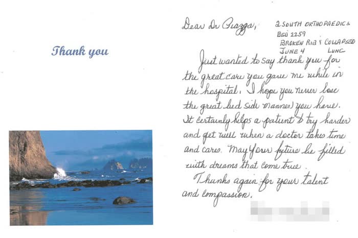 Thank-you note from a Piazza Center patient