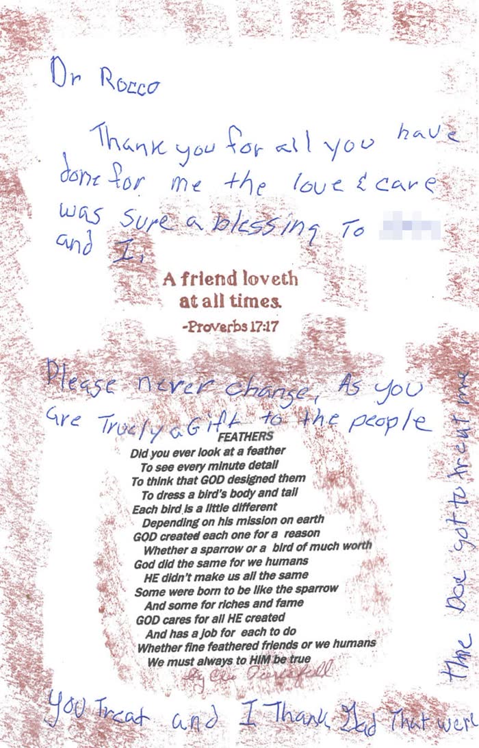 Thank-you note from a Piazza Center patient