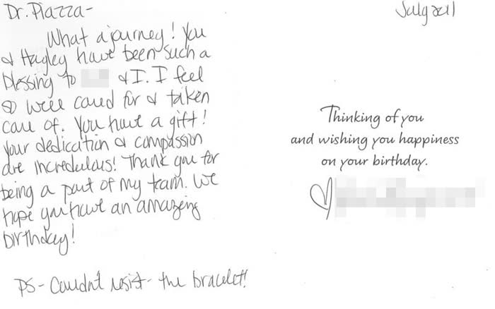 Thank-you note from a Piazza Center patient