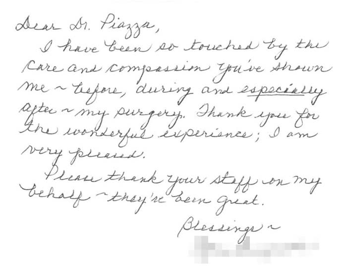 Thank-you note from a Piazza Center patient