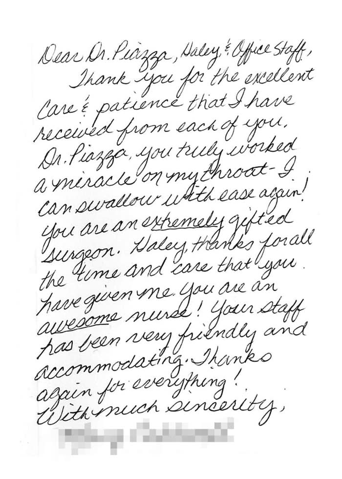 Thank-you note from a Piazza Center patient