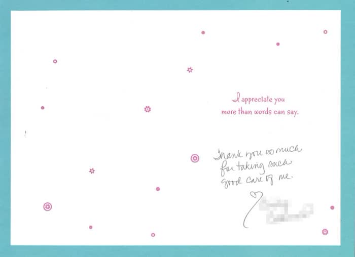 Thank-you note from a Piazza Center patient
