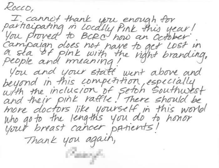 Thank-you note from a Piazza Center patient