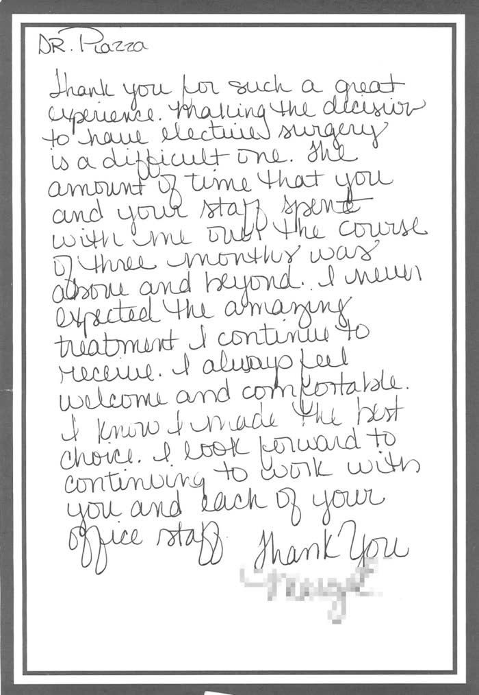 Thank-you note from a Piazza Center patient