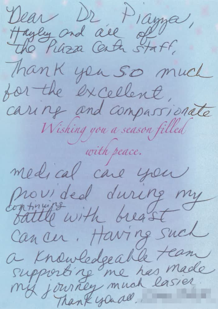 Thank-you note from a Piazza Center patient