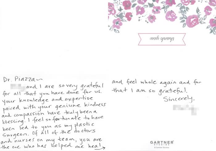 Thank-you note from a Piazza Center patient