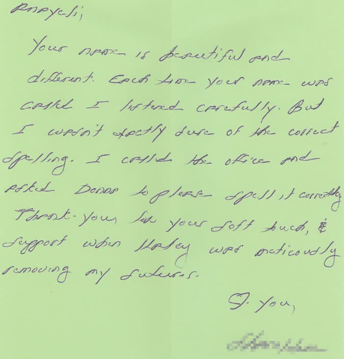 Thank-you note from a Piazza Center patient