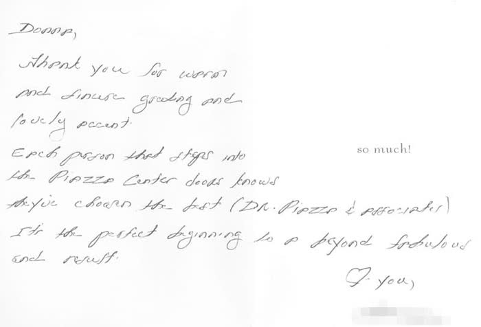 Thank-you note from a Piazza Center patient