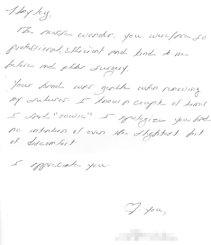 Thank-you note from a Piazza Center patient
