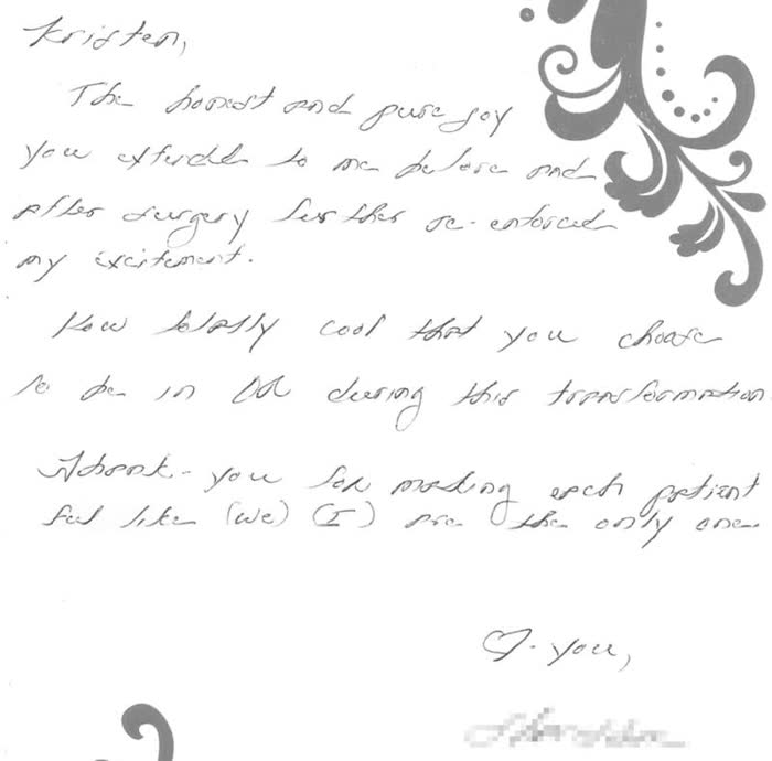 Thank-you note from a Piazza Center patient