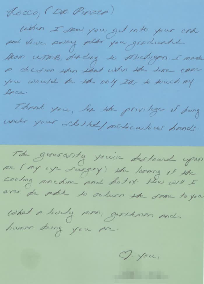 Thank-you note from a Piazza Center patient