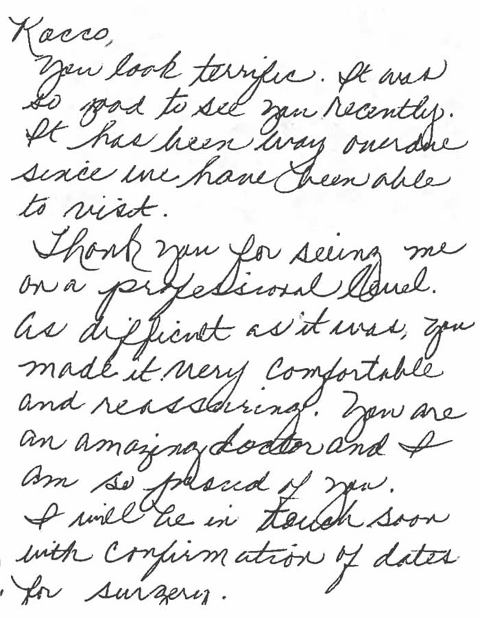 Thank-you note from a Piazza Center patient