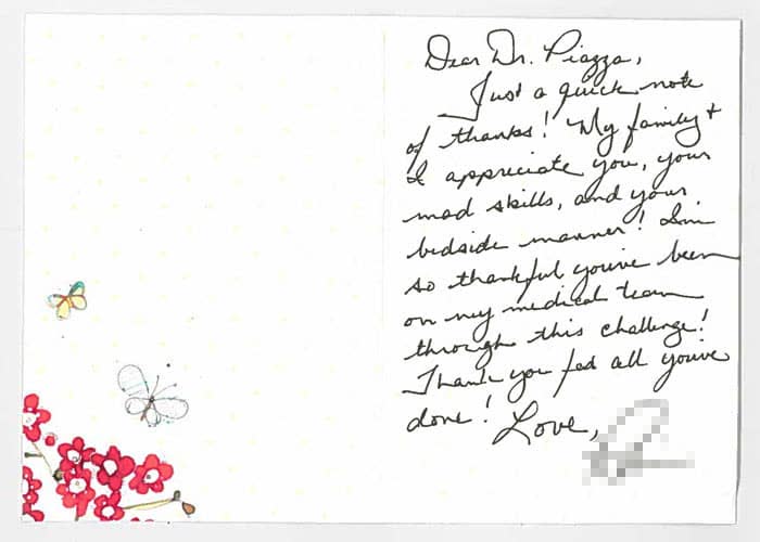 Thank-you note from a Piazza Center patient
