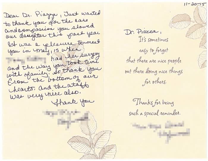 Thank-you note from a Piazza Center patient