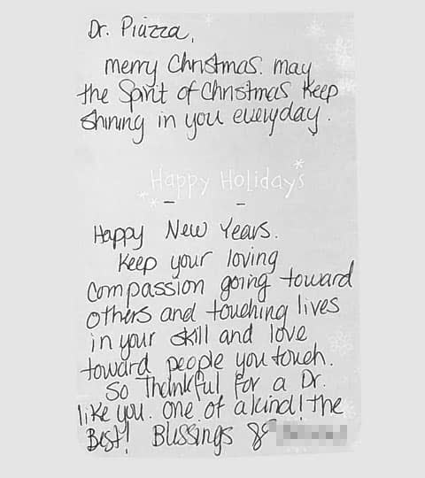 Thank-you note from a Piazza Center patient