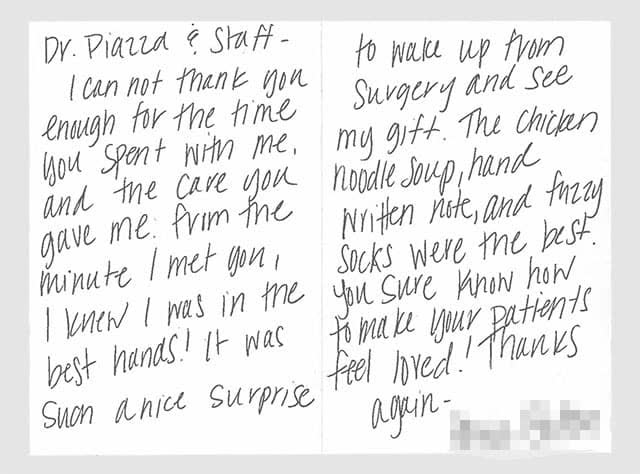 Thank-you note from a Piazza Center patient