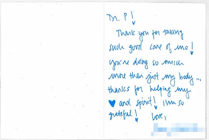 Thank-you note from a Piazza Center patient