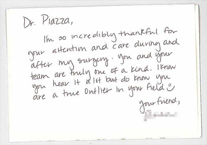 Thank-you note from a Piazza Center patient