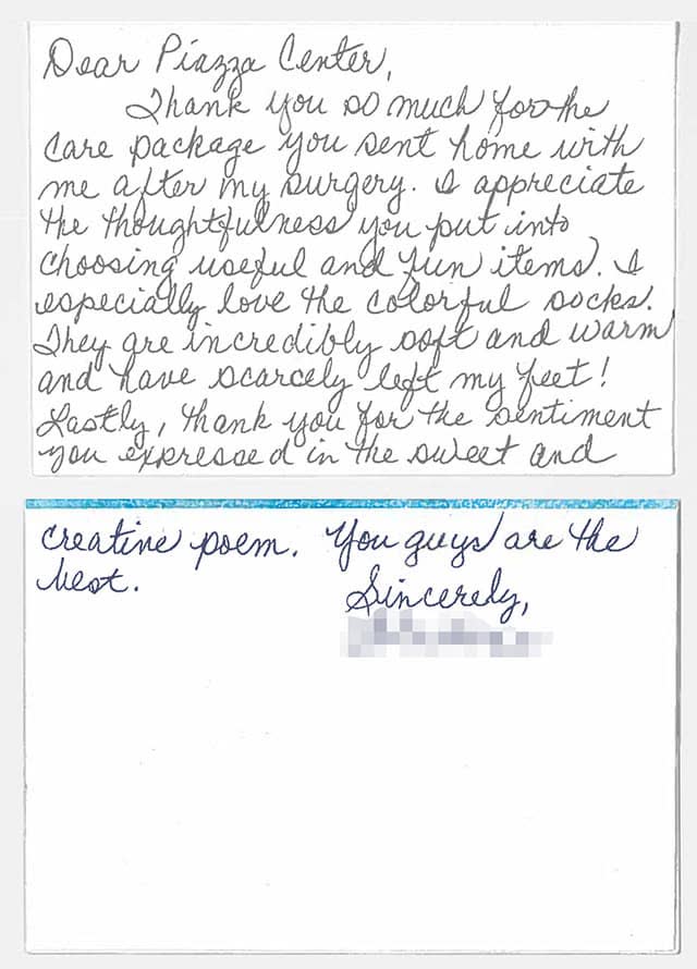 Thank-you note from a Piazza Center patient