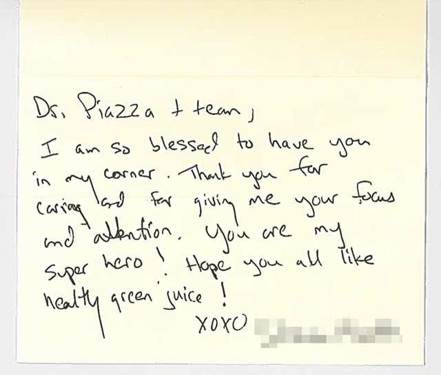 Thank-you note from a Piazza Center patient
