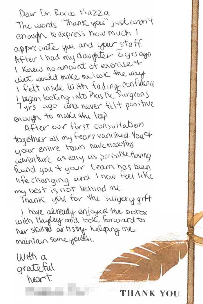 Thank-you note from a Piazza Center patient