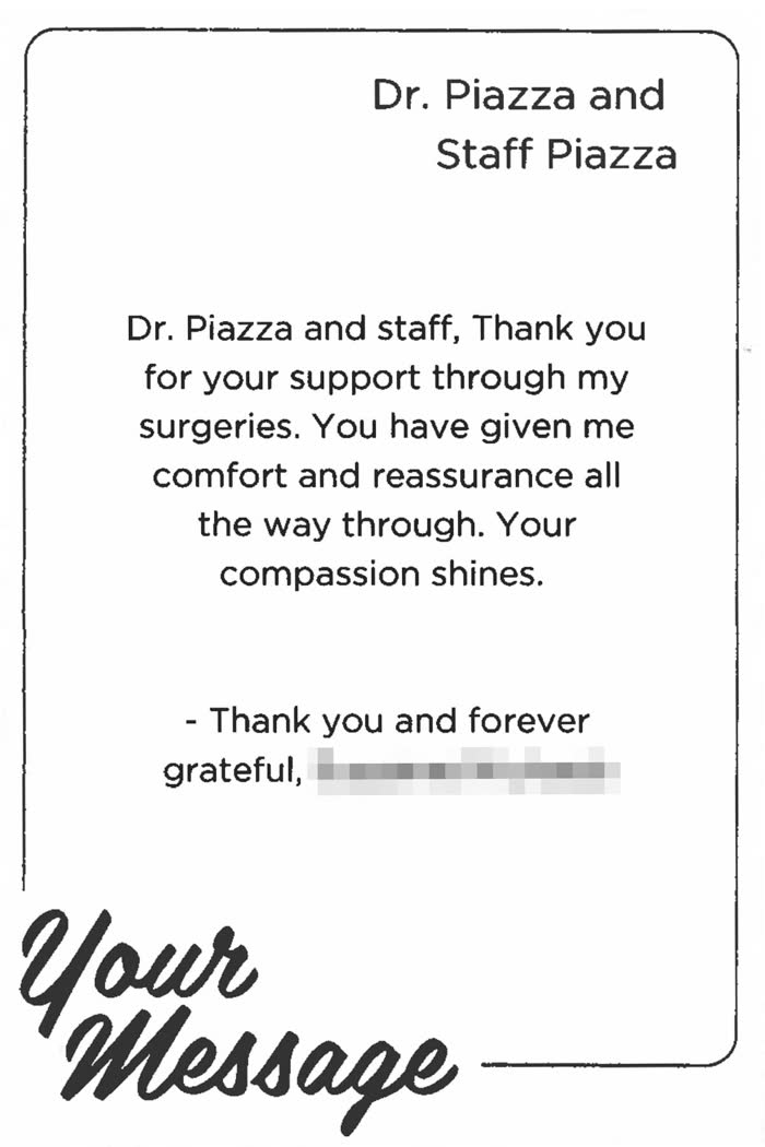 Thank-you note from a Piazza Center patient
