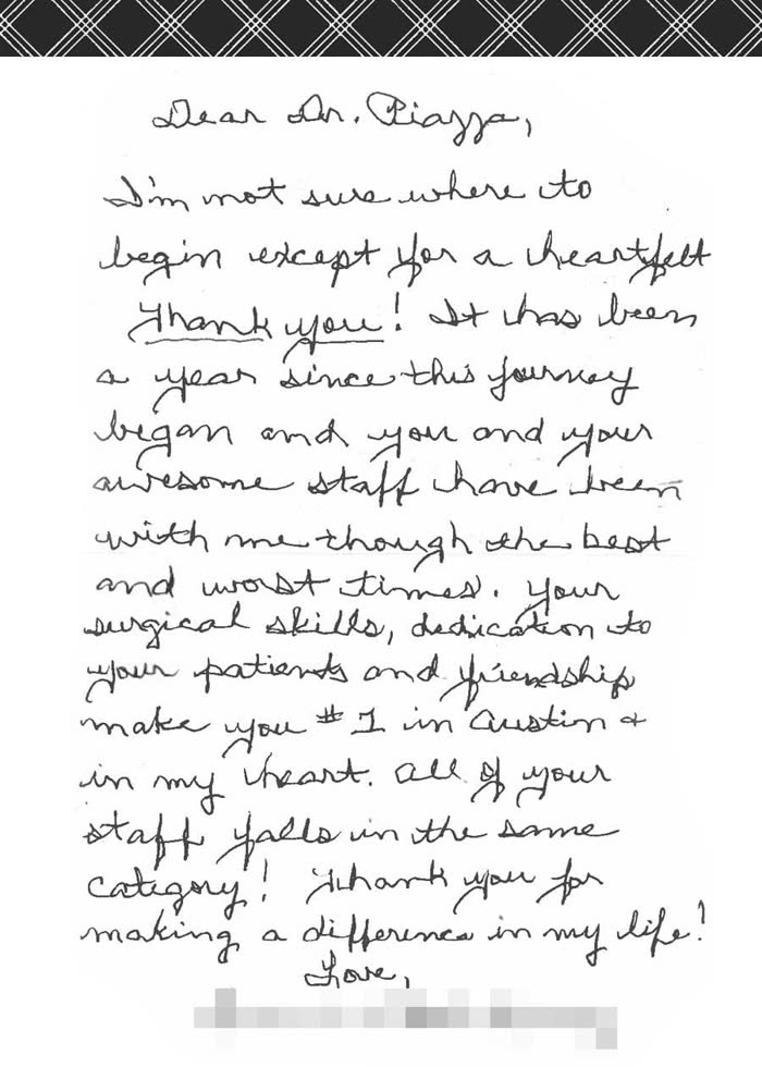 Thank-you note from a Piazza Center patient