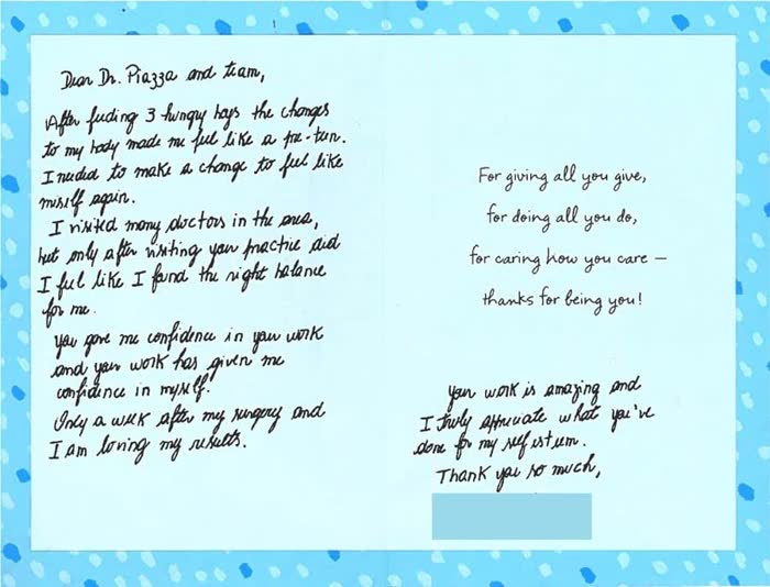 Thank-you note from a Piazza Center patient