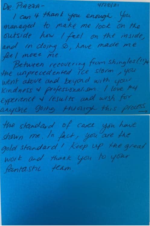 Thank-you note from a Piazza Center patient